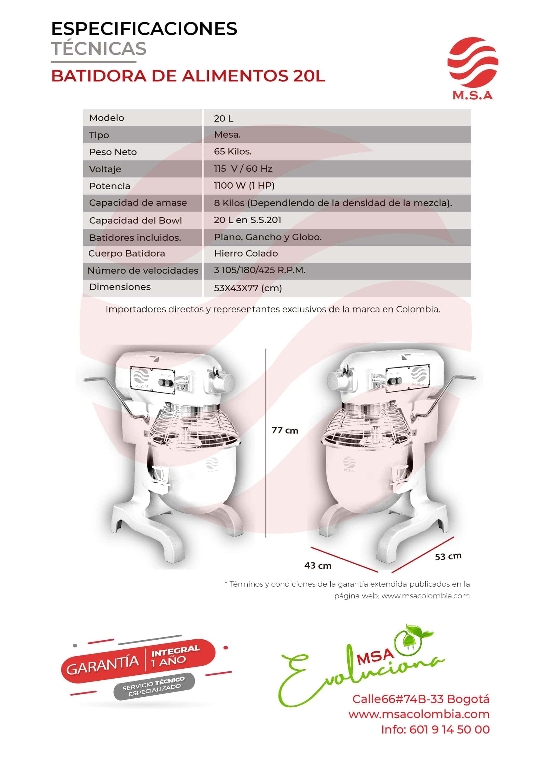 Batidora de alimentos de 20L con diseño profesional y potencia de 1100W.