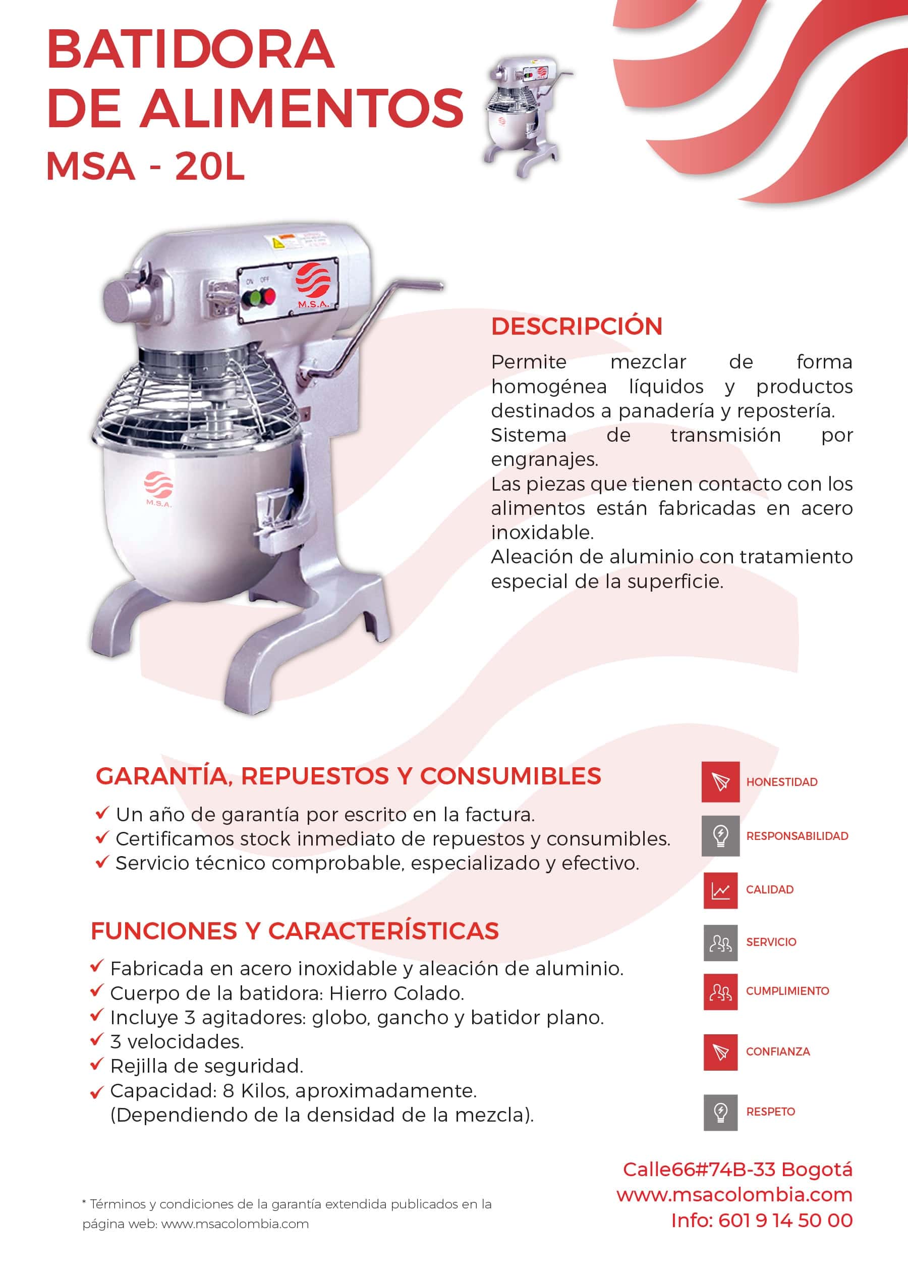 Batidora de alimentos de 20L con cuerpo de acero inoxidable y control de velocidad.