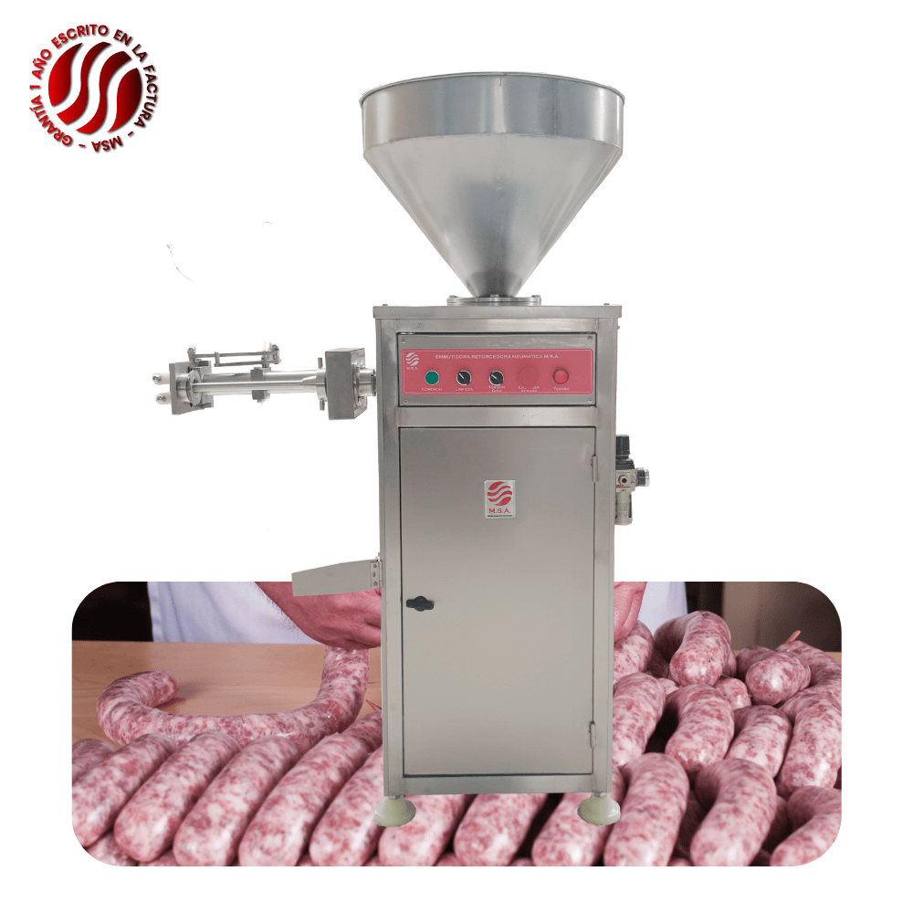 Maquina embutidora de carnes, ideal para salchichas y embutidos en establecimientos alimenticios.