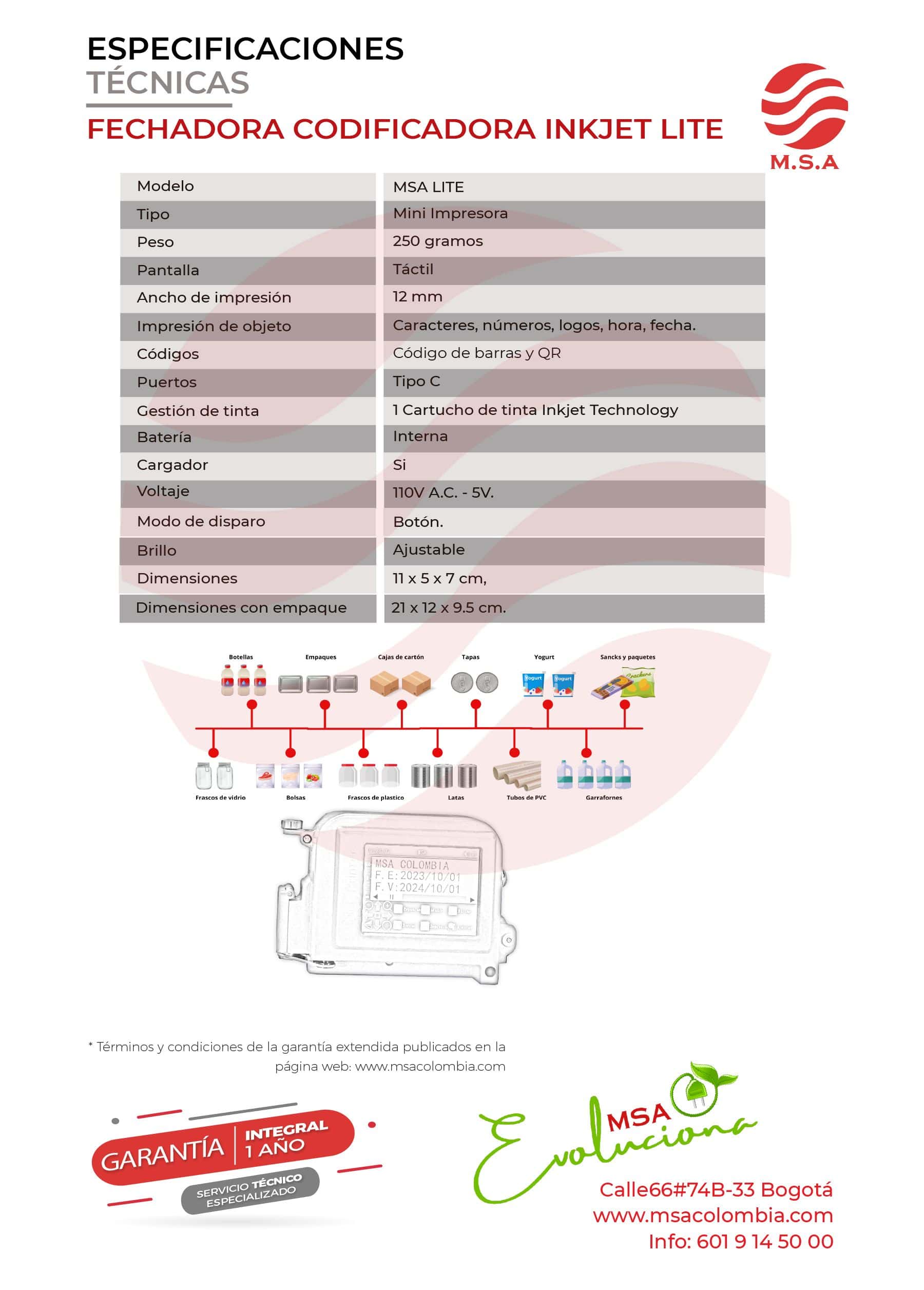 Fechadora codificadora manual MSA Inkjet Lite para impresión de códigos.