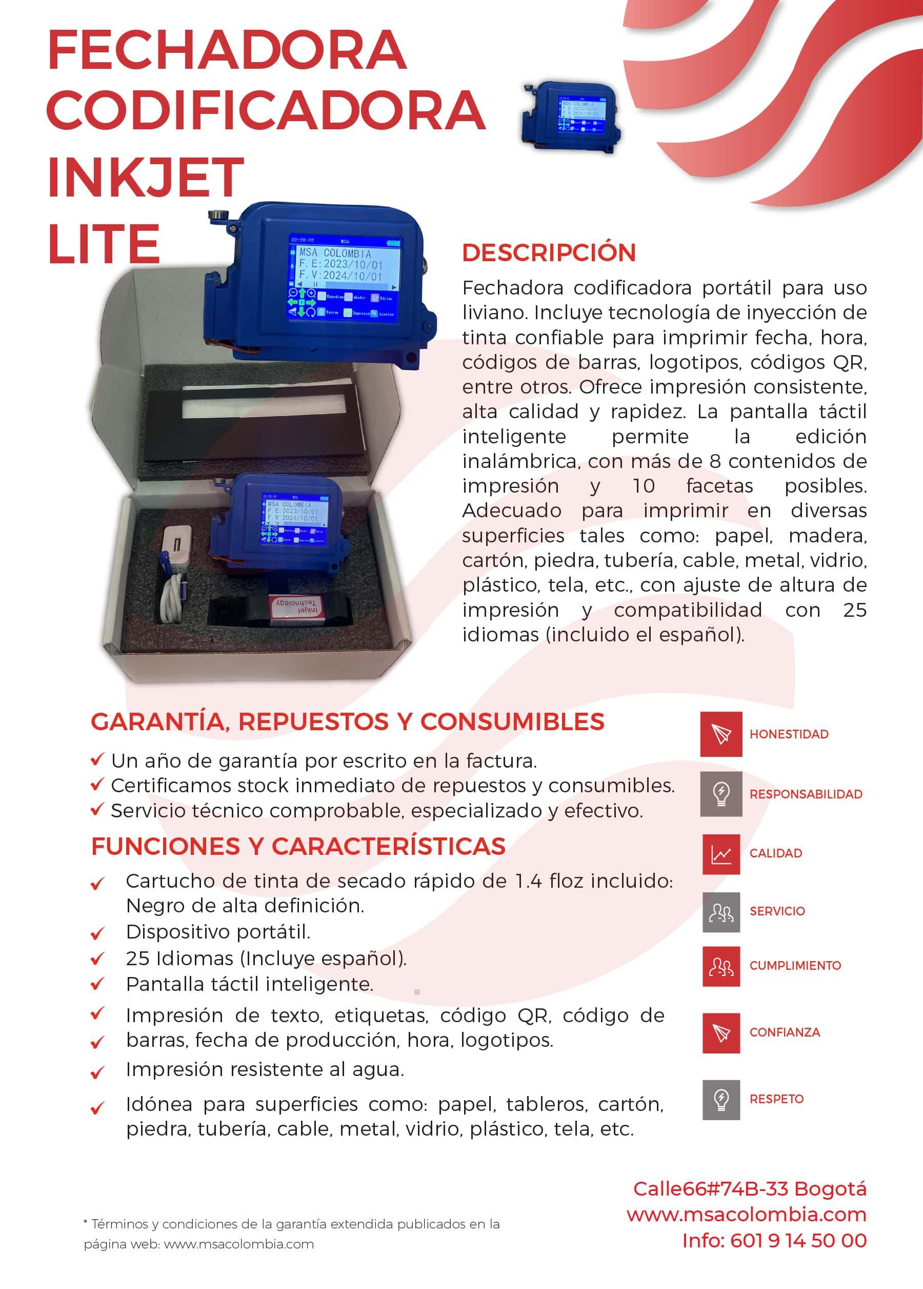 MSA cerradora codificadora inkjet ligera para impresión confiable y rápida.