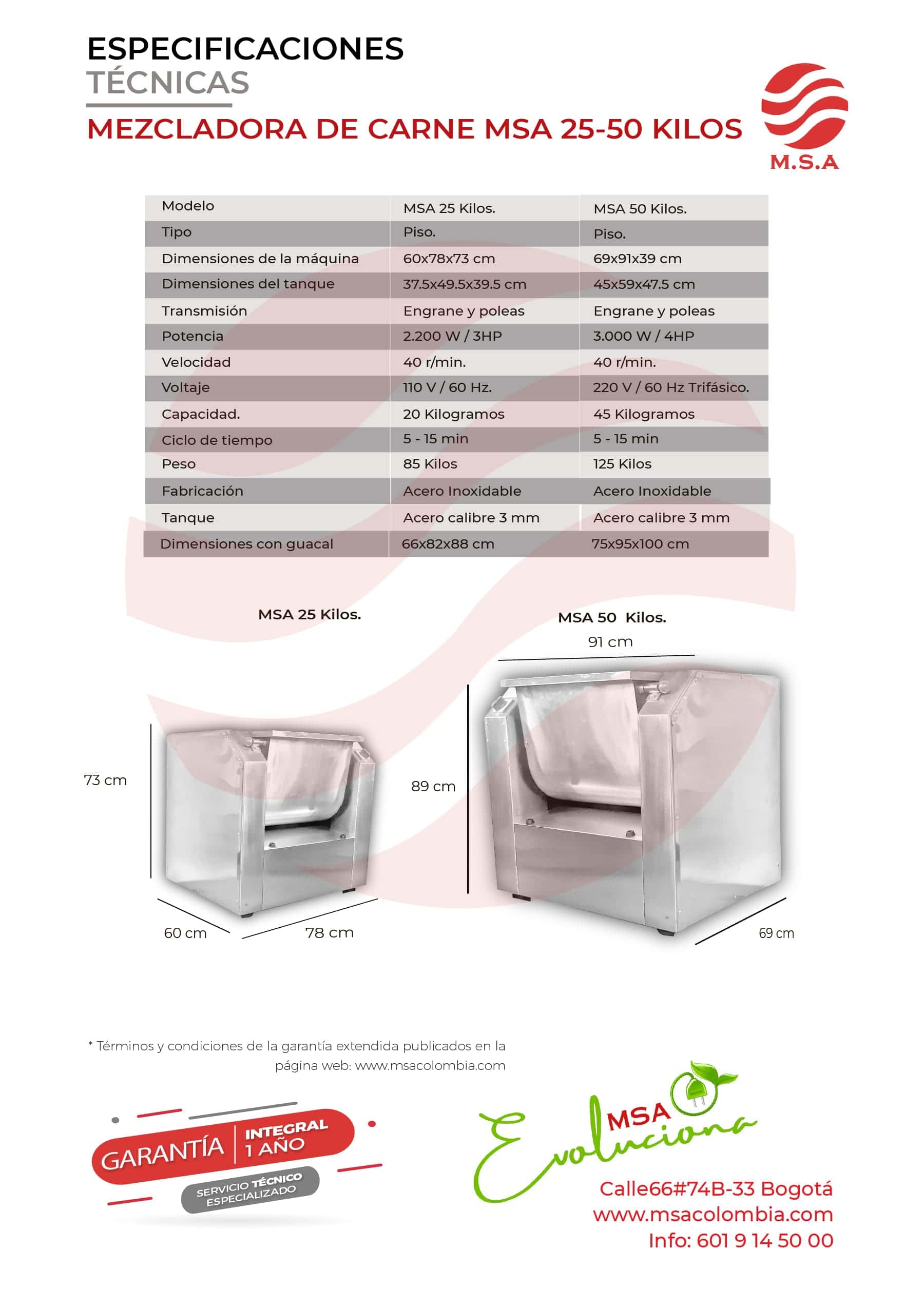 Mezcladora de carne MSA 25-50 kilos con tanque de acero inoxidable y motor potente.