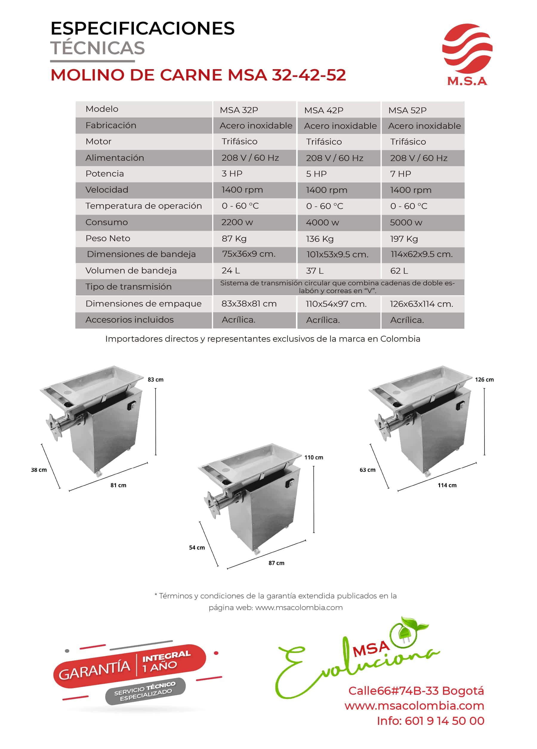 Máquina de carne MSA 32-42-52 en acero inoxidable y tracción, 1400 rpm, 220V.