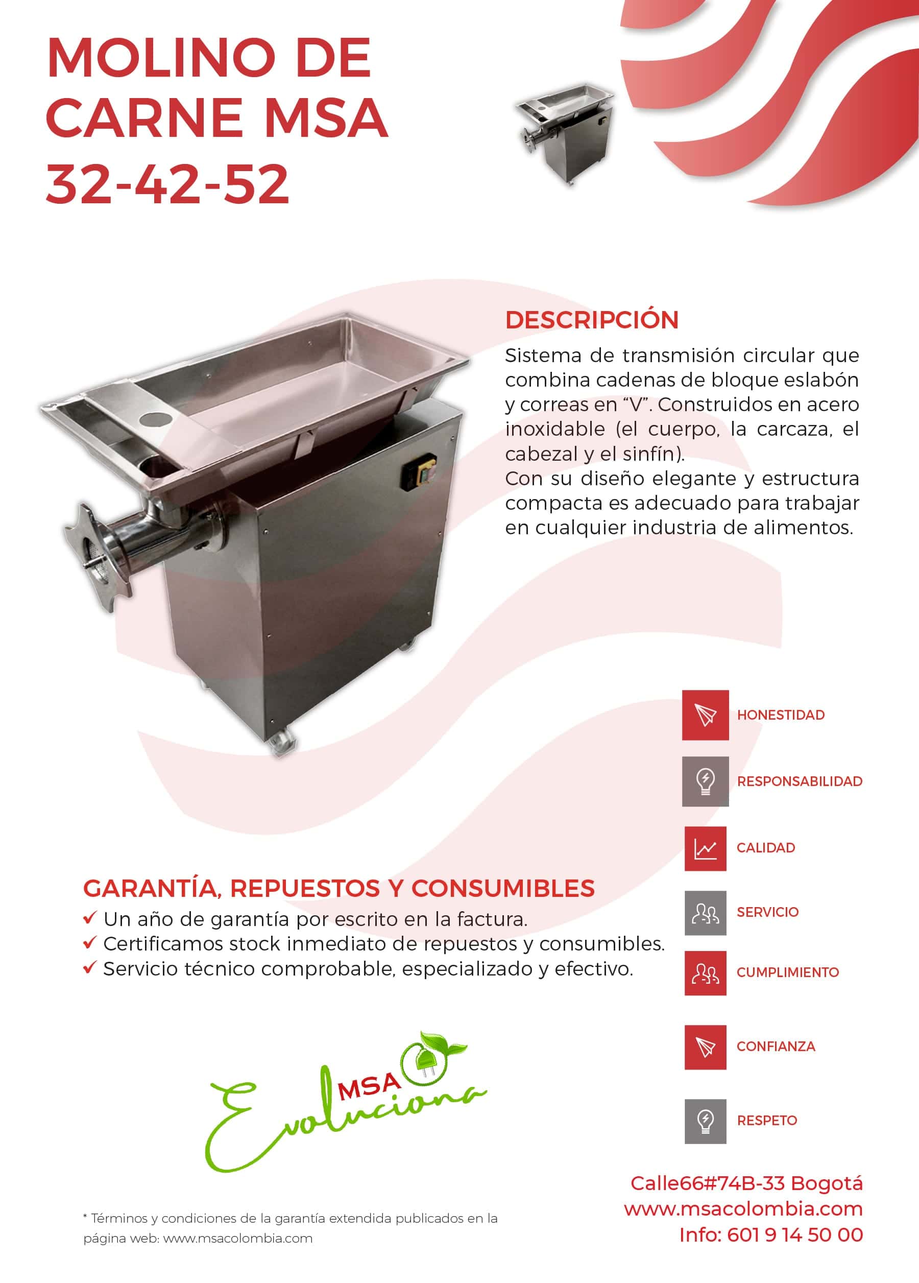 Molino de carne MSA 32-42-52 para industria alimentaria.