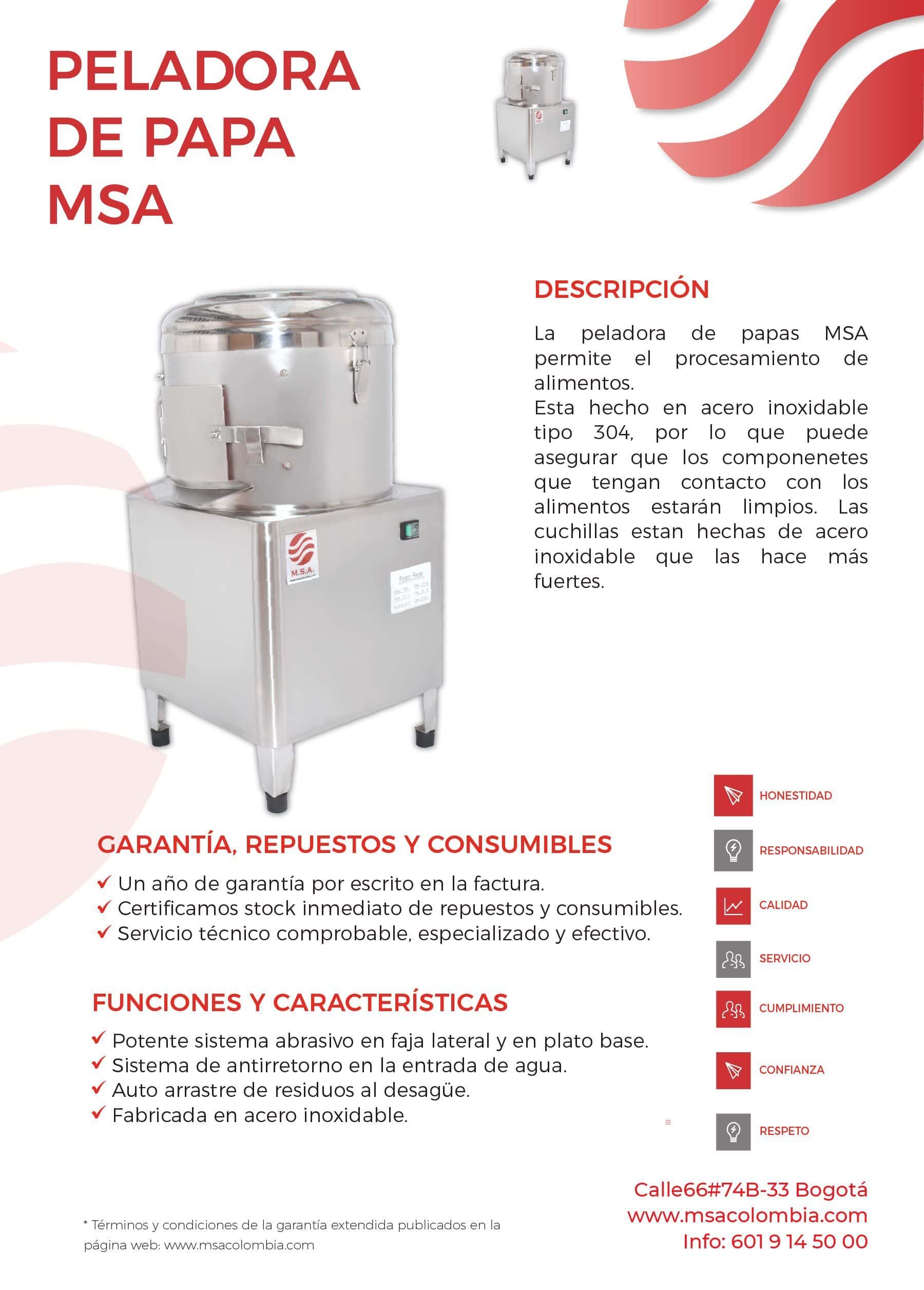Peladora de papa MSA, acero inoxidable, fácil de limpiar y duradera.