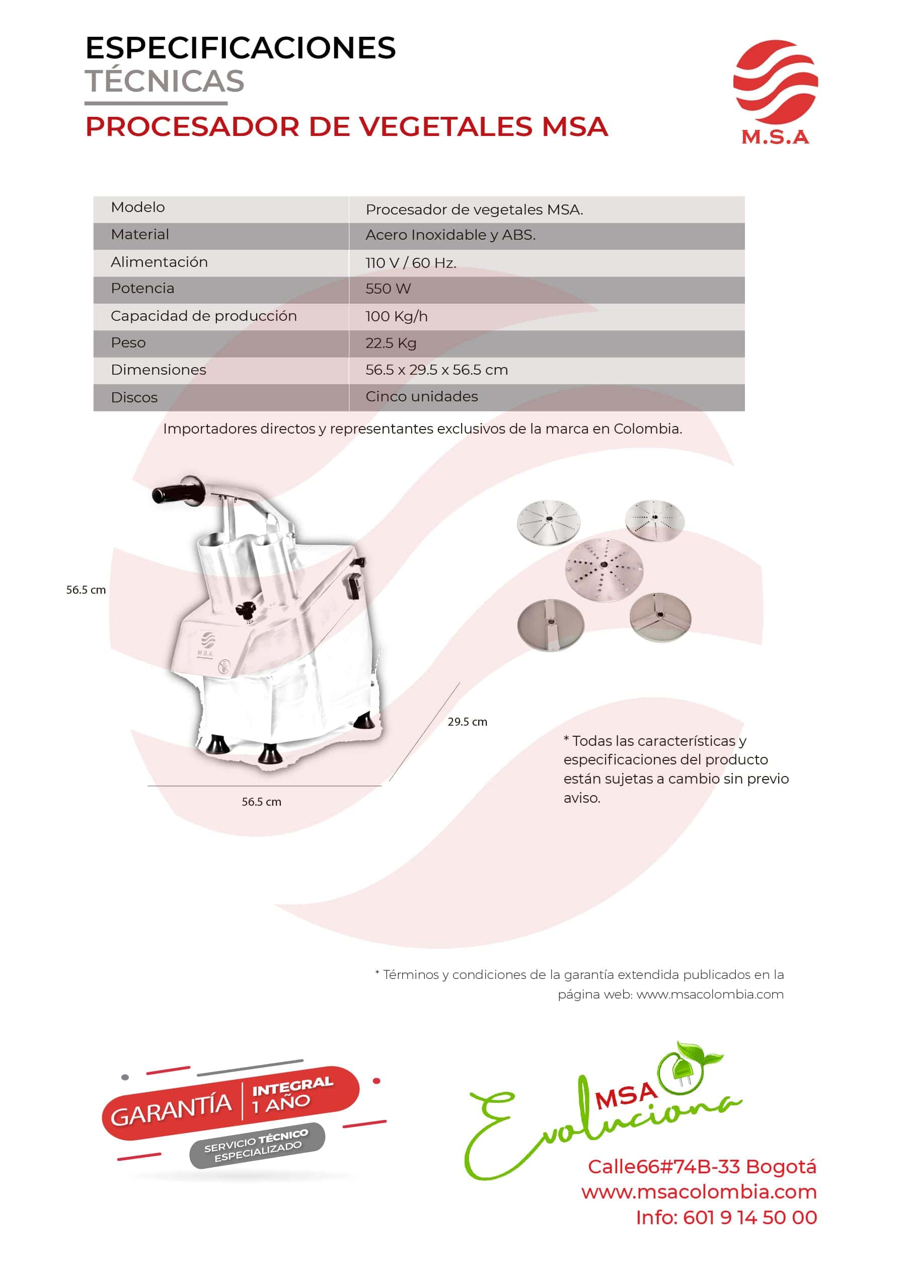 Procesador de vegetales MSA en acero inoxidable y ABS, 550W, 100kg/h.