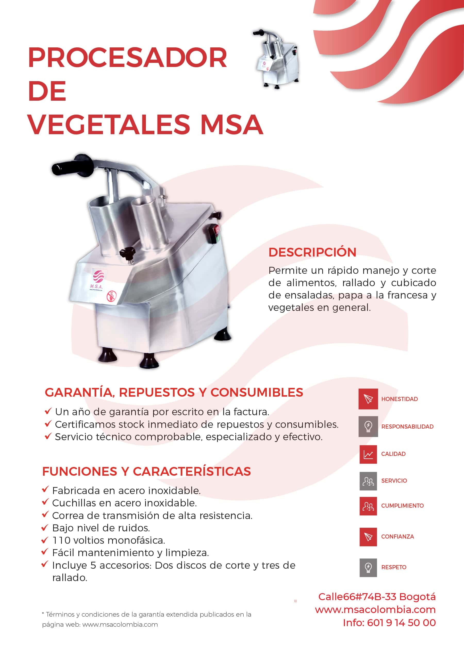 Procesador de vegetales MSA para corte y manejo de alimentos.
