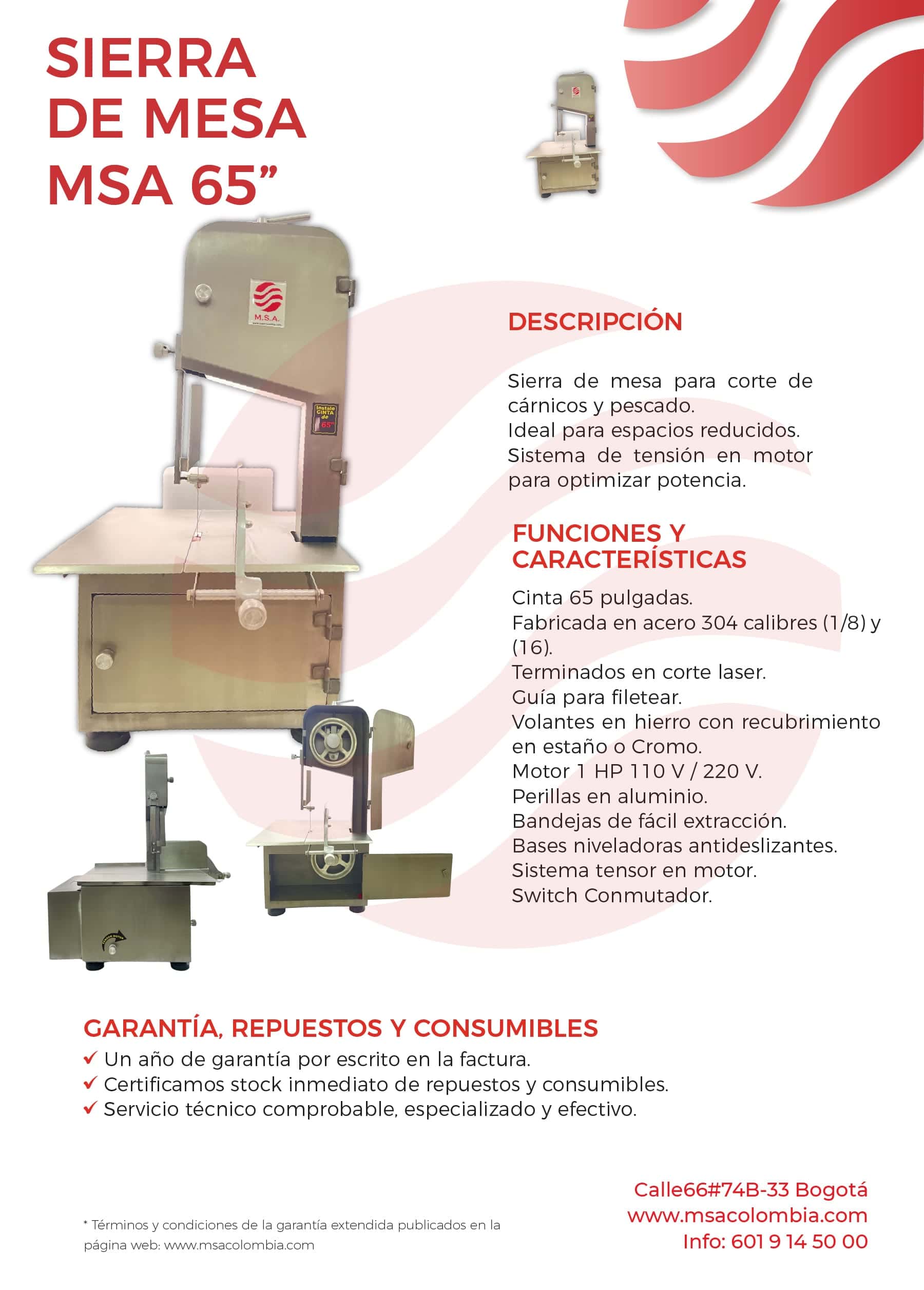Sierra de mesa MSA 65" para corte de madera y pesca, con motor de 1 HP y guía en fibra de vidrio.