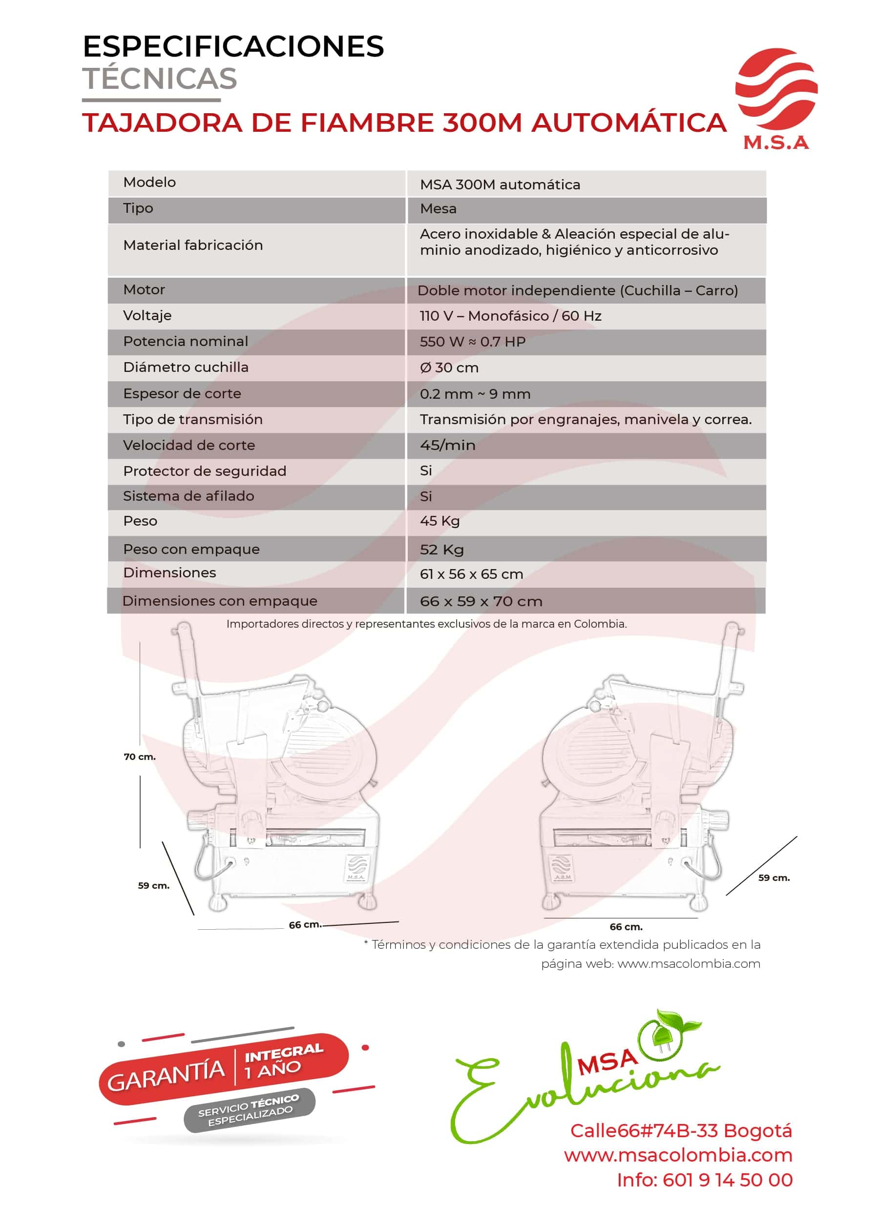 Tajadora de fiambre automática MSA 300M con diseño compacto y seguro.