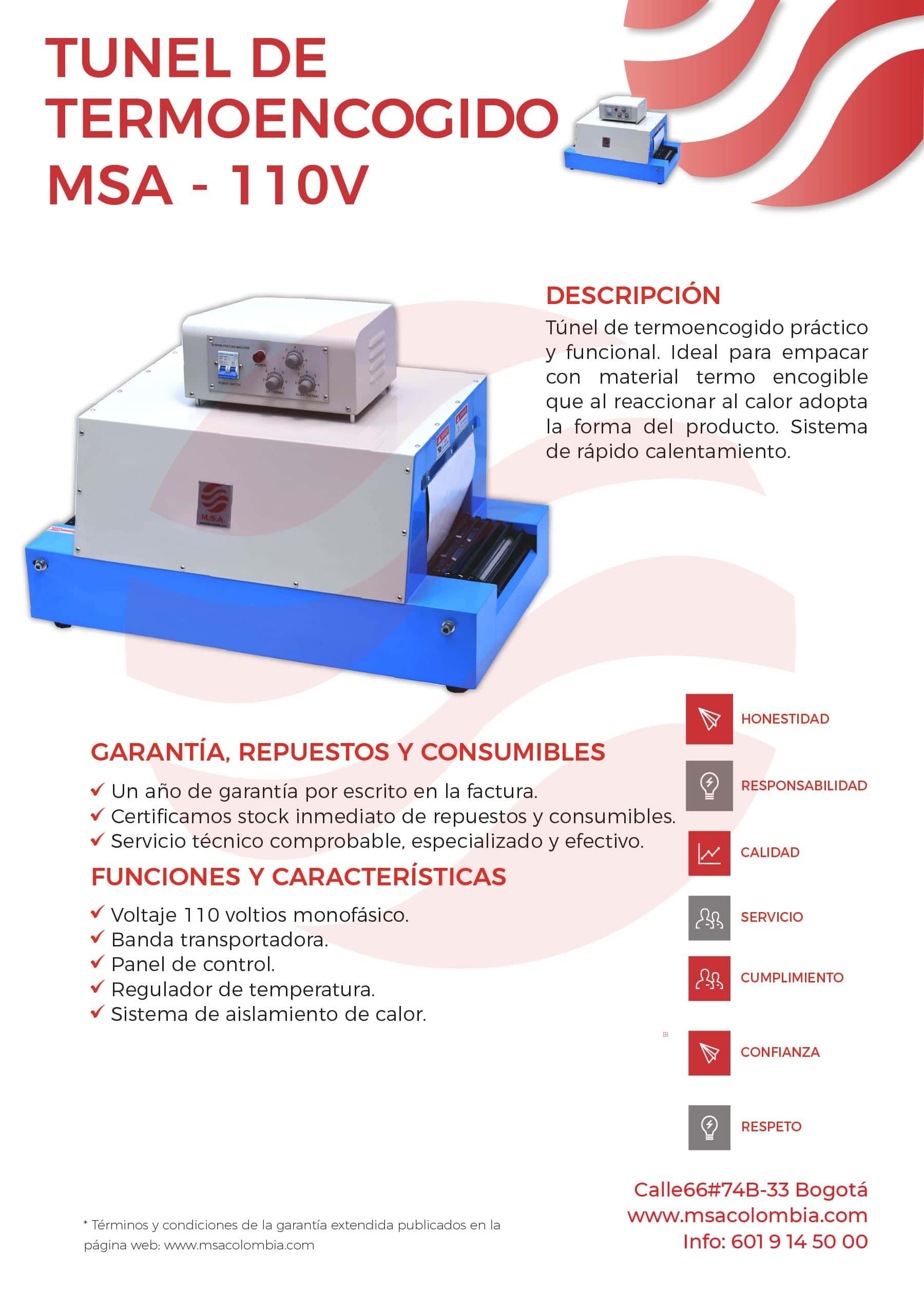 Túnel de termoencogido MSA 110V para embalaje térmico eficiente.