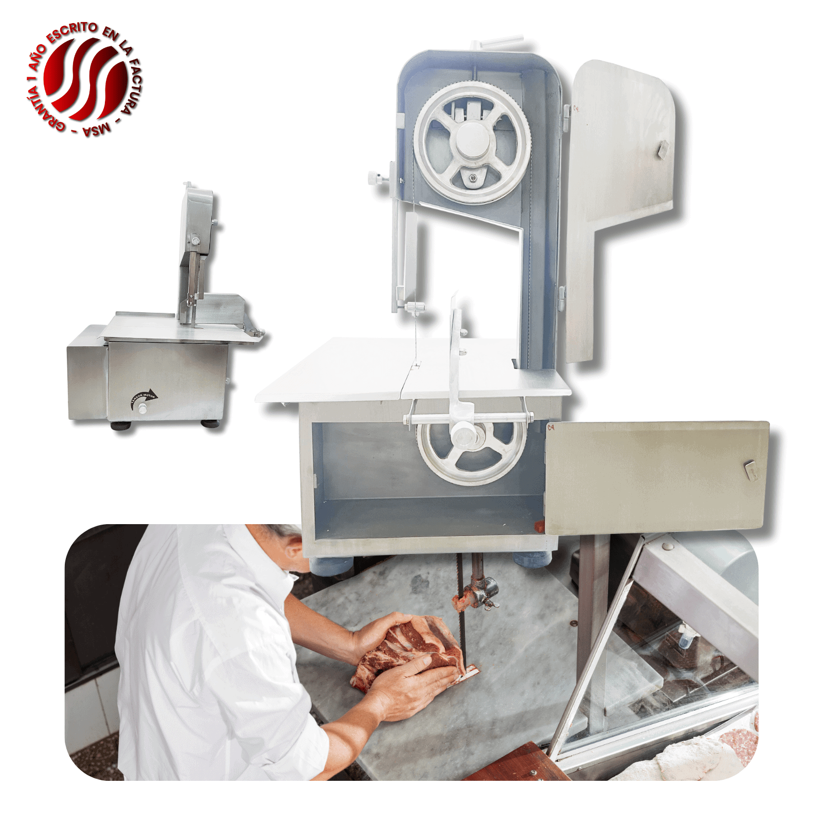 Máquina de corte de carne industrial en uso en una carnicería.