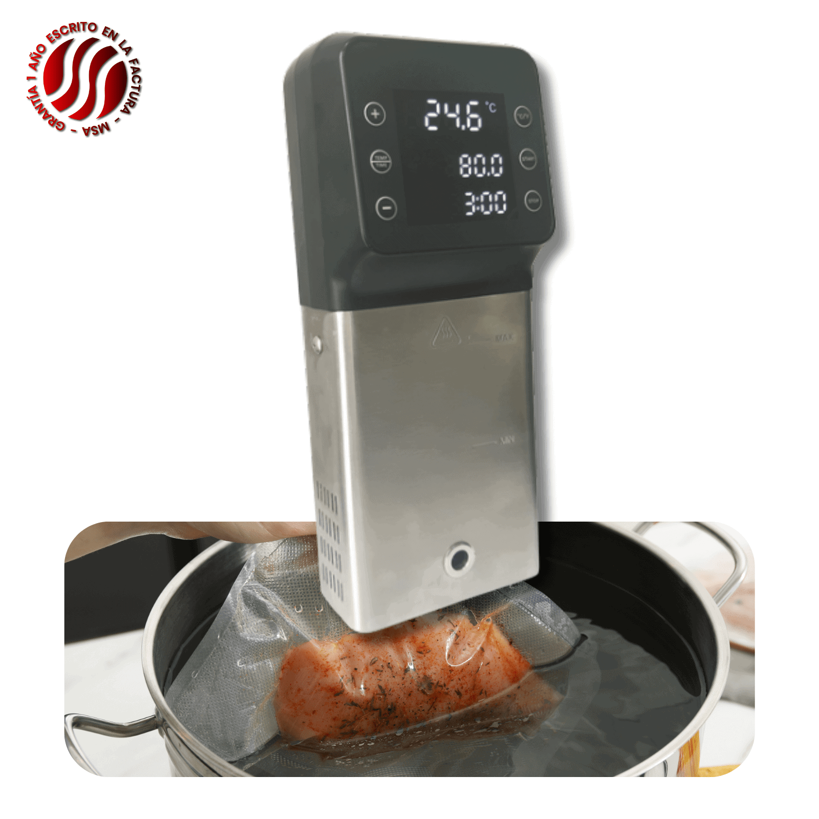 Termómetro de cocina digital en proceso de cocción de alimentos.