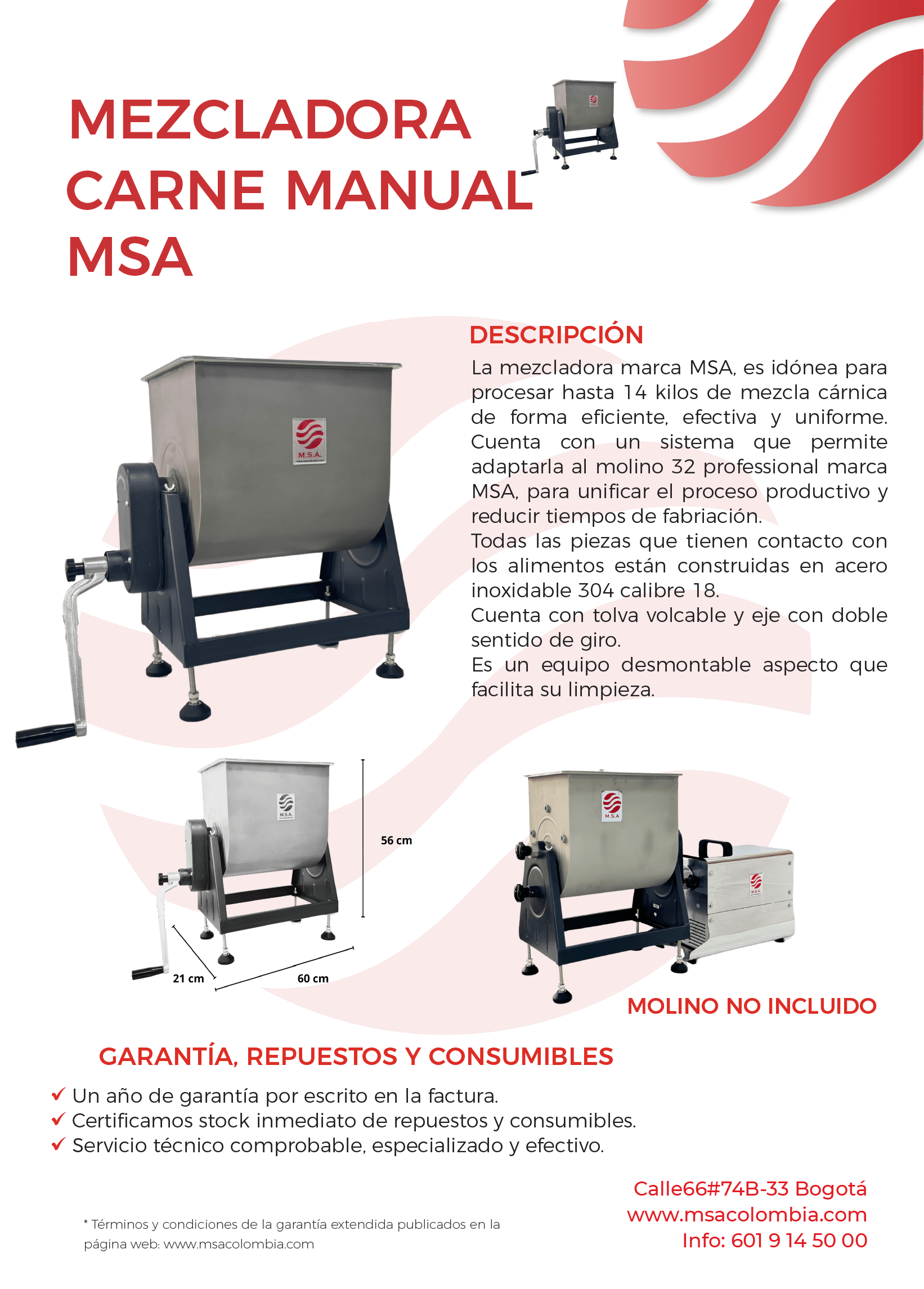 Mezcladora de carne manual MSA para procesamiento eficiente de hasta 14 kilos.