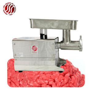 Cortadora de carne industrial de acero inoxidable con logo de MSA para uso en carnes.