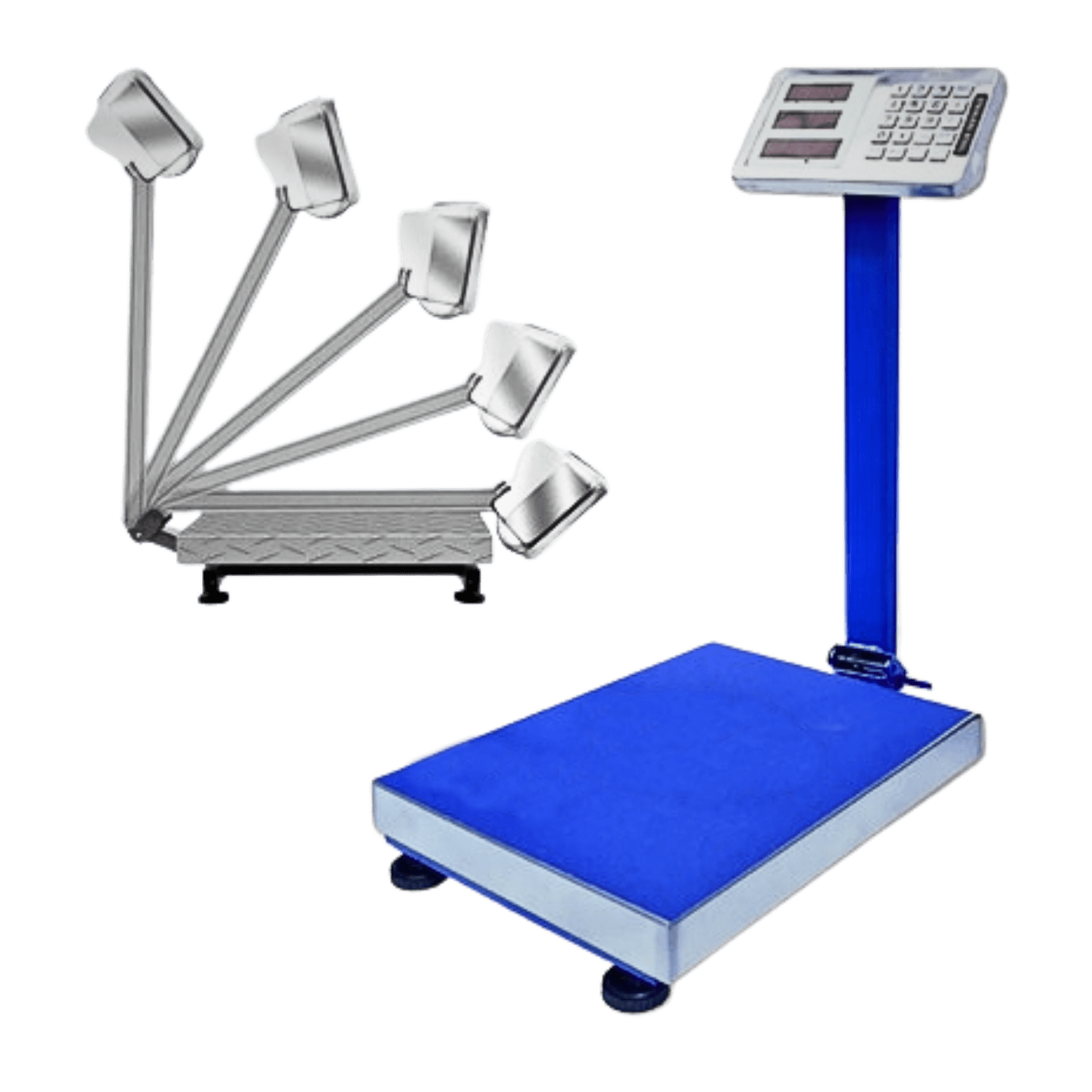 Escala de peso digital con balanzas y pesas metálicas para medición precisa.