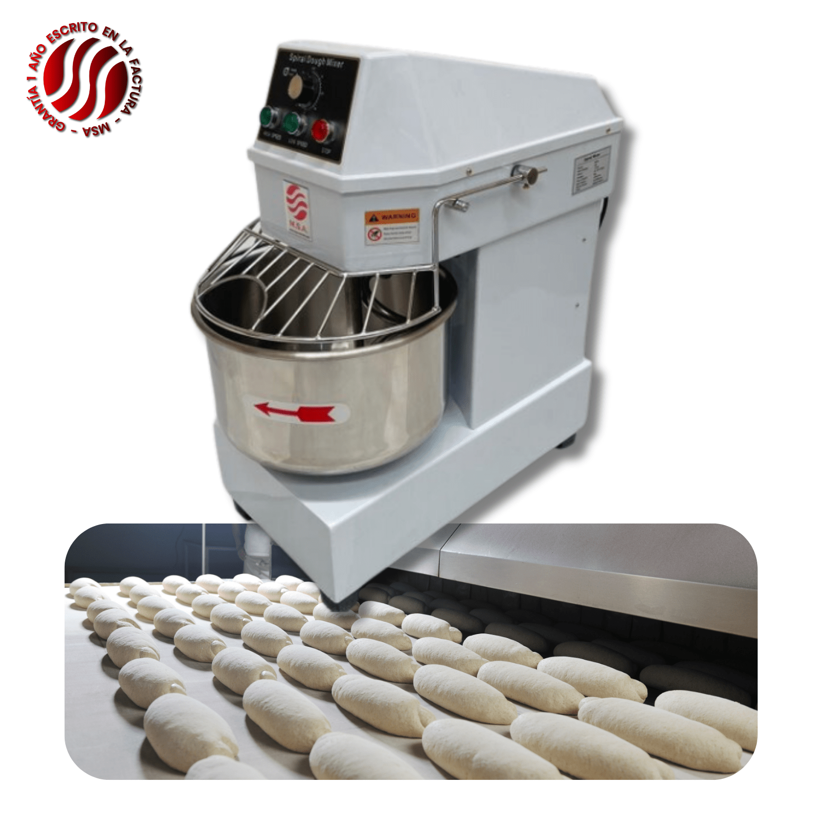Máquina amasadora de masa con capacidad industrial para panadería y repostería profesional.