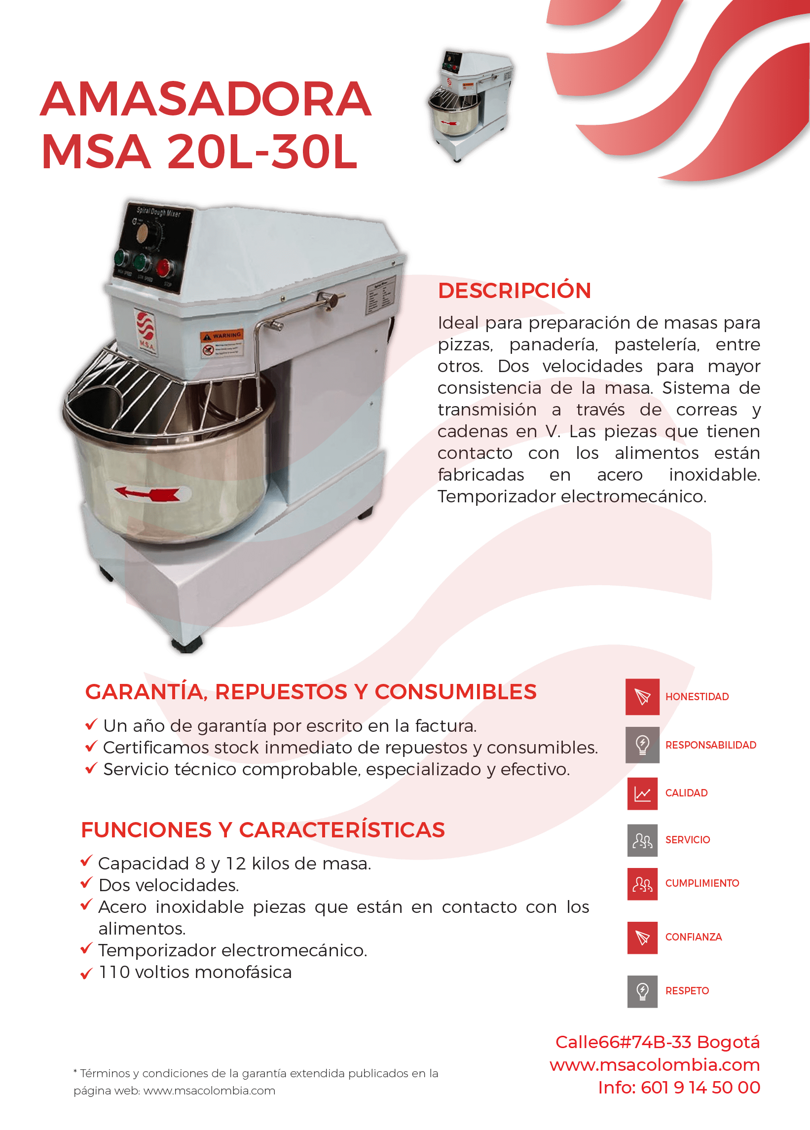 Amasadora MSA para masas de pizza, panadería, pastelería, acero inoxidable, velocidad doble, temporizador electromecánico.