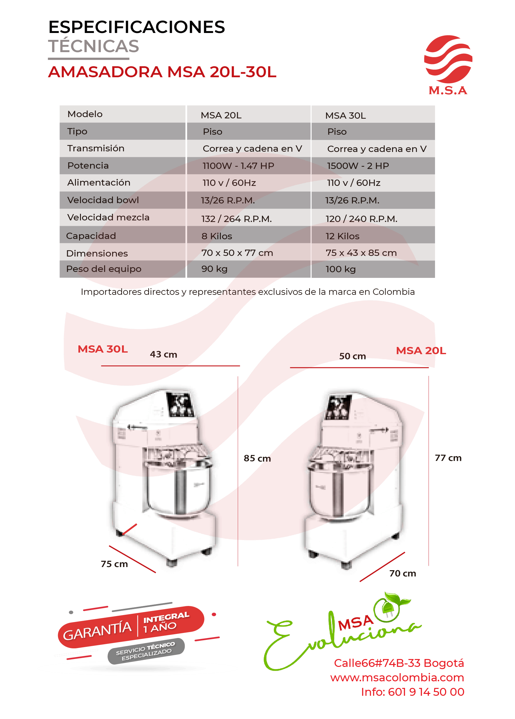 Amasadora MSA 20L-30L para panadería y repostería, alta capacidad y potencia.